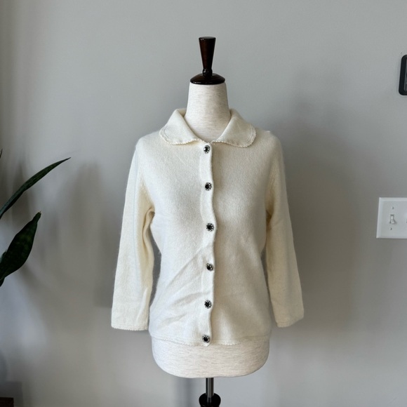 Ann Taylor Angora Rabbit Hair Lambswool Cropped Sleeve Jeweled Button Cardigan - Picture 6 of 8